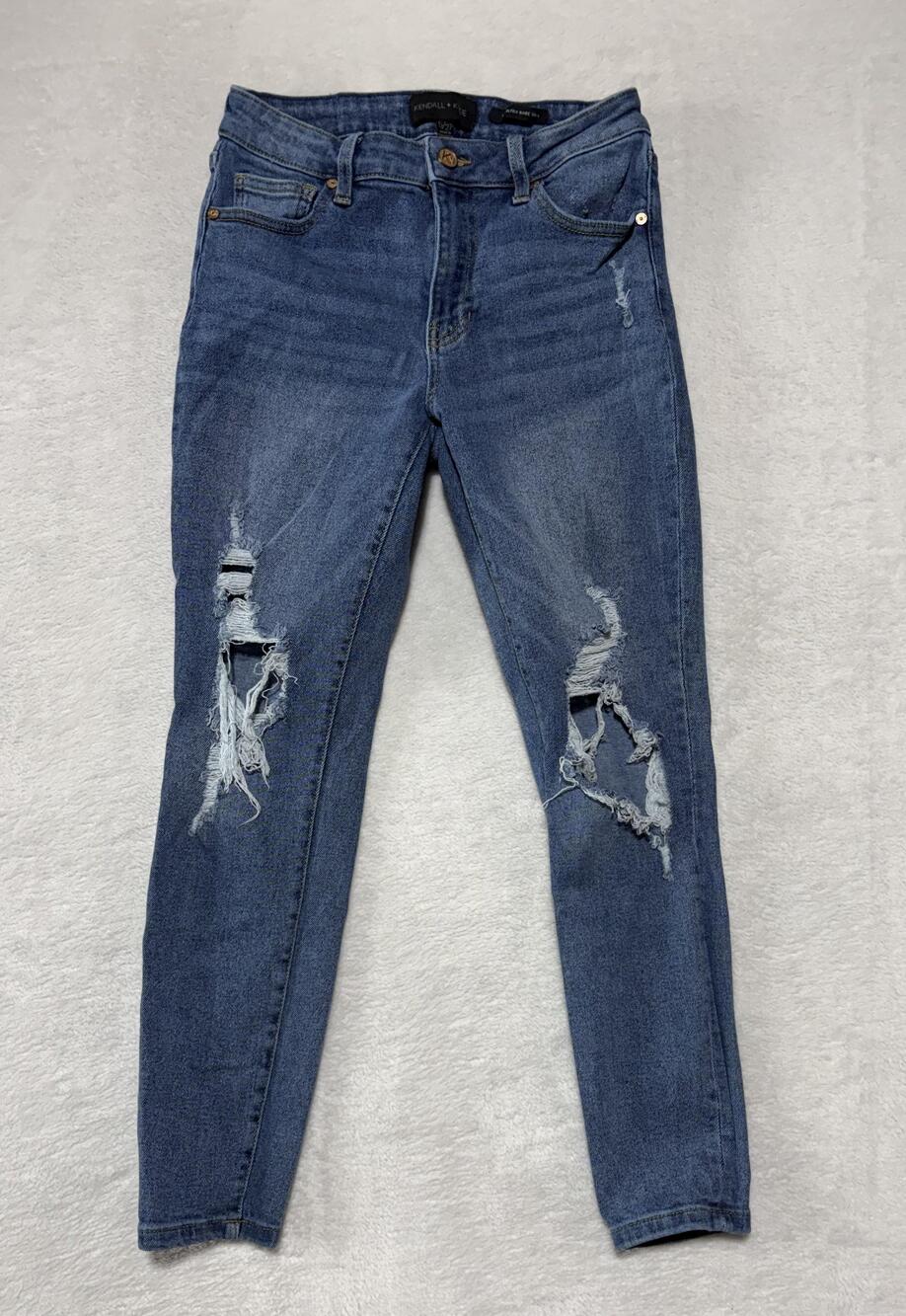 Kendall + Kylie Jeans Juniors 5/27 Ultra Babe Skinny Ripped Blue Stretch Denim